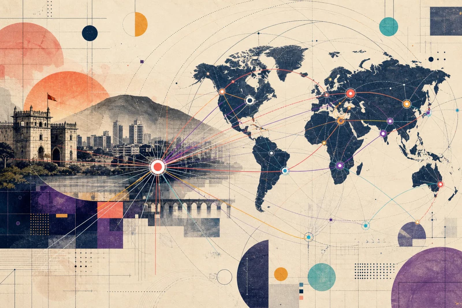 Conceptual editorial illustration titled Pune to the Global Route Table