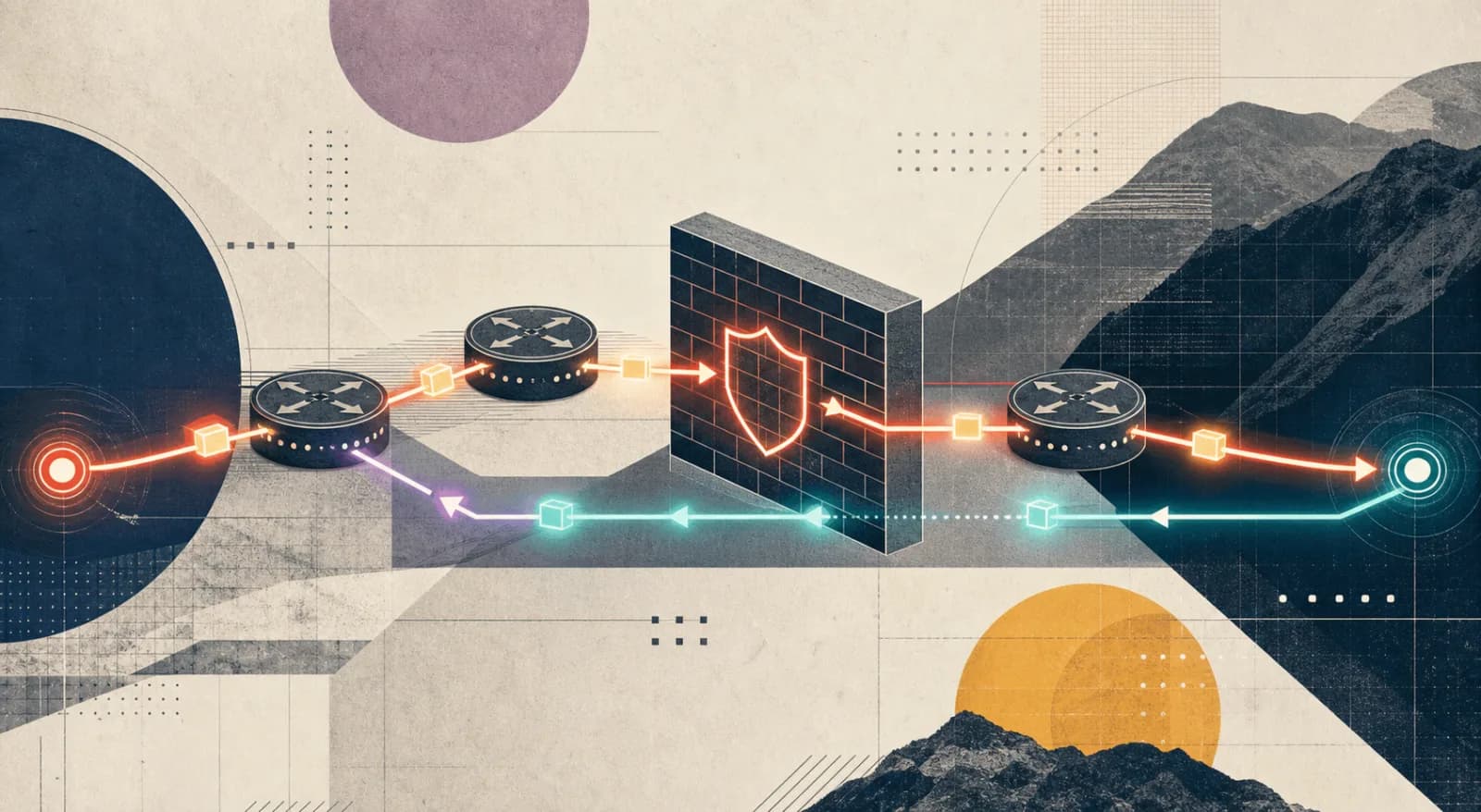 Conceptual editorial illustration titled A Packet’s Long Way Home