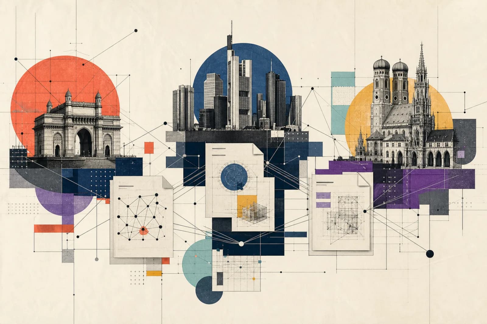 Conceptual editorial illustration titled Three Data Centers, One Operating Story