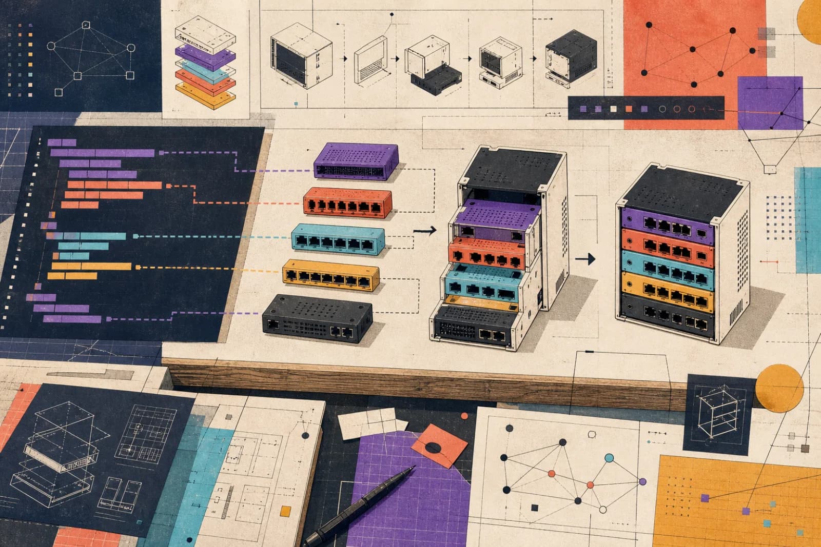 Conceptual editorial illustration titled The Programmable Network Lab