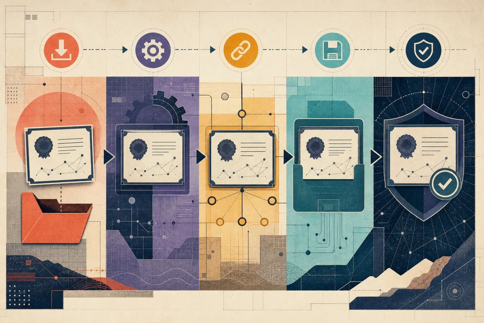 Conceptual editorial illustration titled Certificate Renewal as a Pipeline