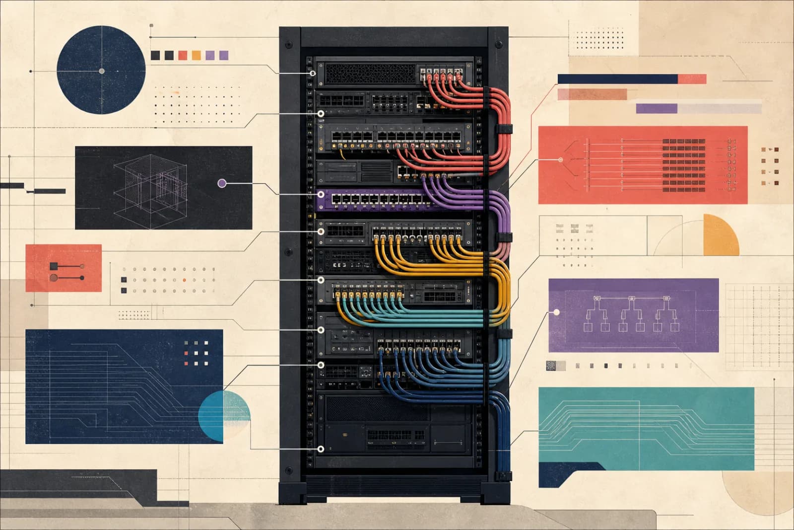 Conceptual editorial illustration titled Rack, Cable, Label, Repeat